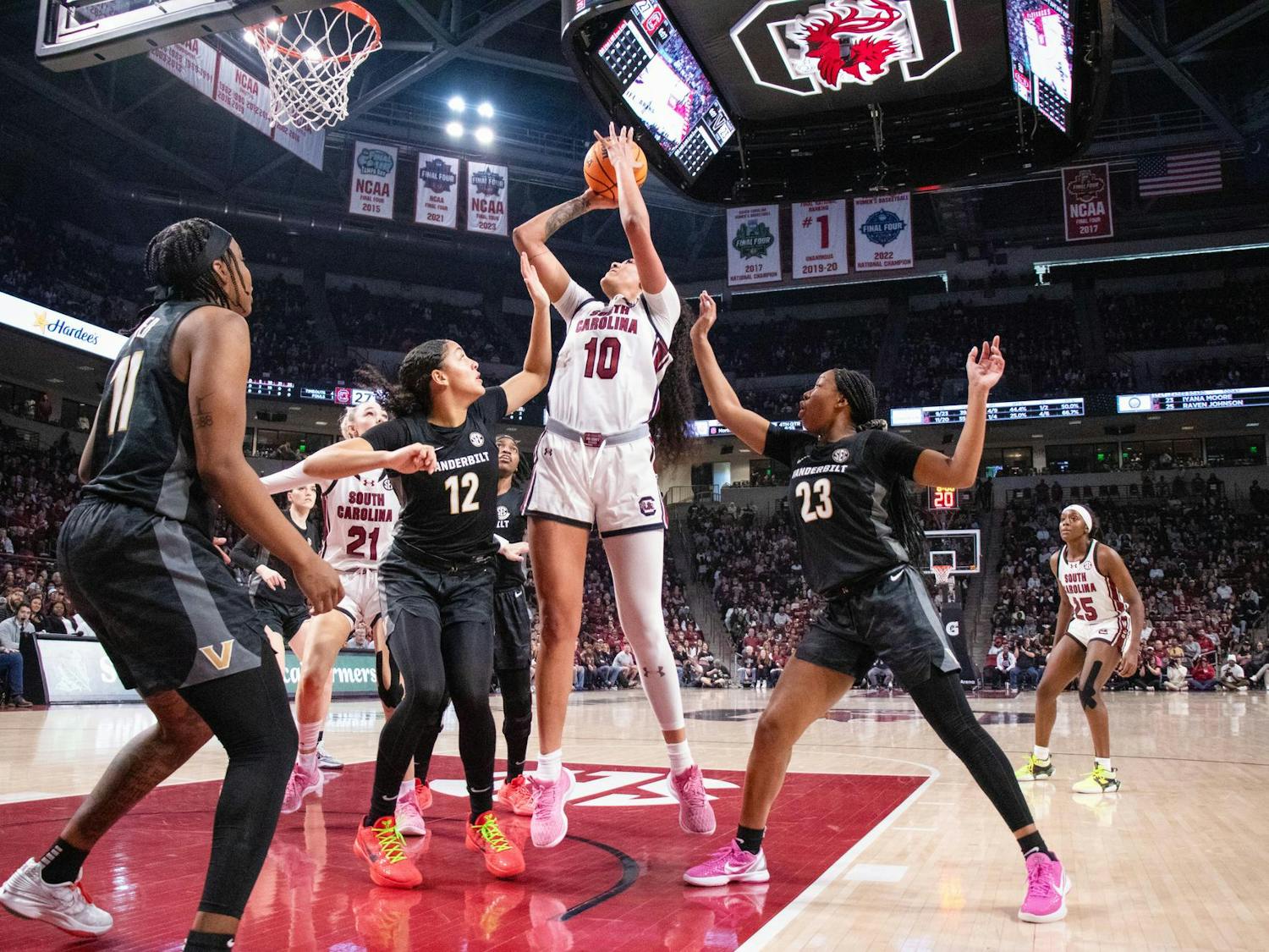 FILE - Senior center Kamilla Cardoso goes up for a shot during South Carolina's game against Vanderbilt at Colonial Life Arena on Jan. 28, 2024. Cardoso announced on April 1, 2024 that she will be declaring for the 2024 WNBA Draft.