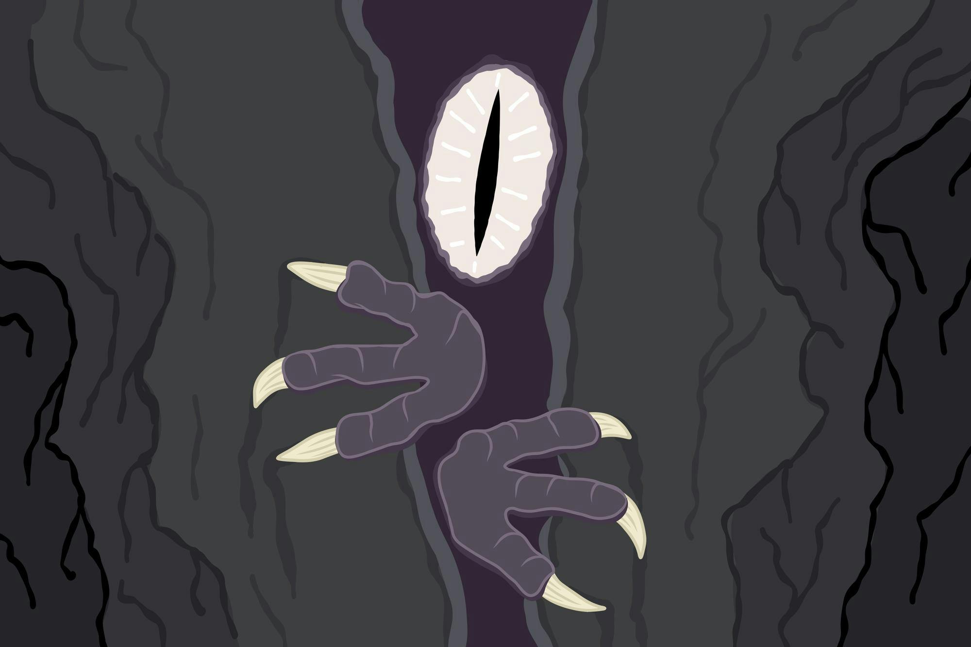 A monster creeps through a crack with its claws while its giant eye stares straight at the viewer