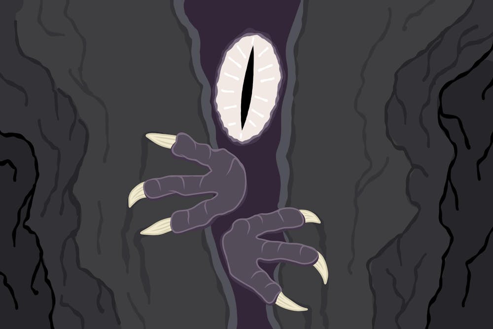 <p>A monster creeps through a crack with its claws while its giant eye stares straight at the viewer</p>