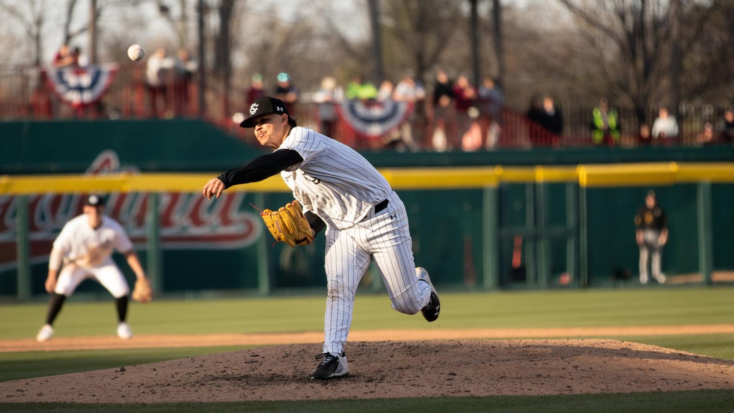 FILE — Junior left-handed pitcher Alex Valentin throws a pitch during a game against Northern Kentucky on Feb. 14, 2026, at Founders Park. The Gamecocks lost to the Northern Kentucky Norse 2-3.