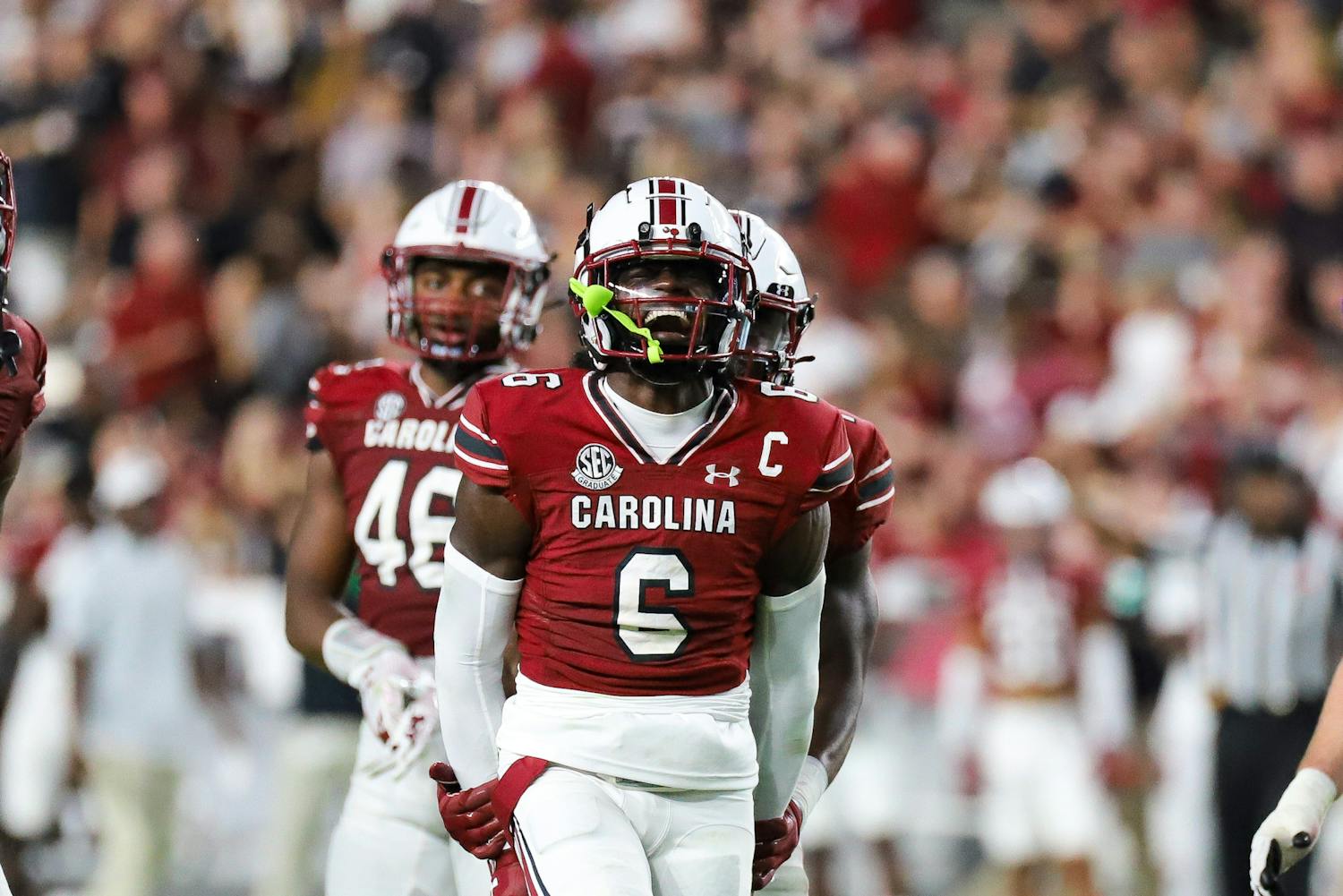 Redshirt senior defensive back Marcellas Dial screams after South Carolina stopped Furman on fourth down on Sept. 9, 2023. South Carolina defeated Furman 47-21 for its first win of the 鶹С򽴫ý in its first game at Williams-Brice Stadium this year.