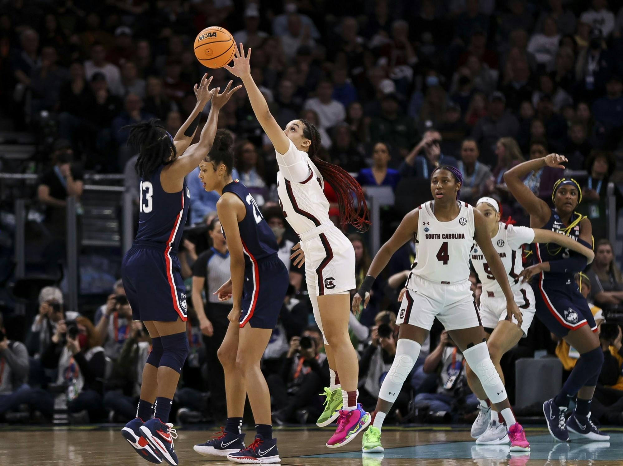 Junior guard Brea Beal blocks a shot during the first quarter of South Carolina's 64-49 victory over University of Connecticut, winning the 2022 National Championship on April 3, 2022.