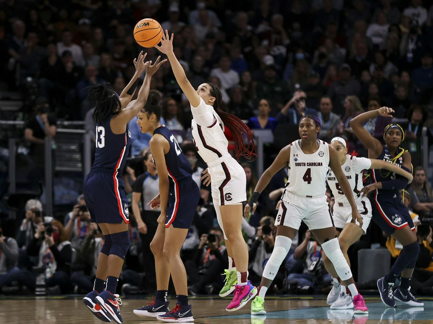 Junior guard Brea Beal blocks a shot during the first quarter of South Carolina's 64-49 victory over University of Connecticut, winning the 2022 National Championship on April 3, 2022.