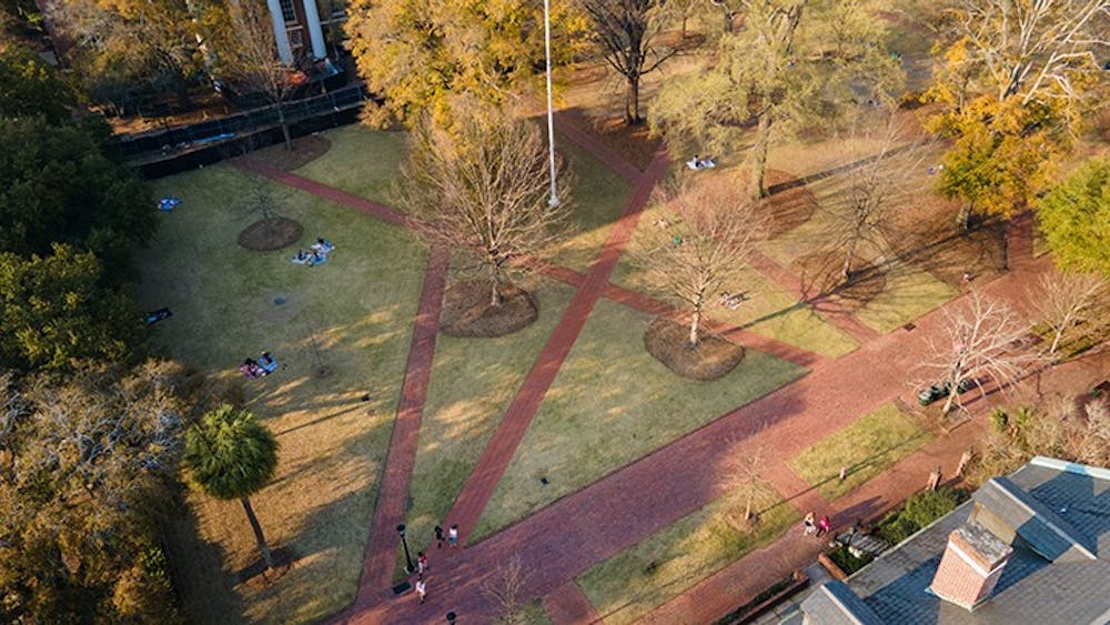 An aerial view of the Horseshoe located on the University of South Carolina's campus.