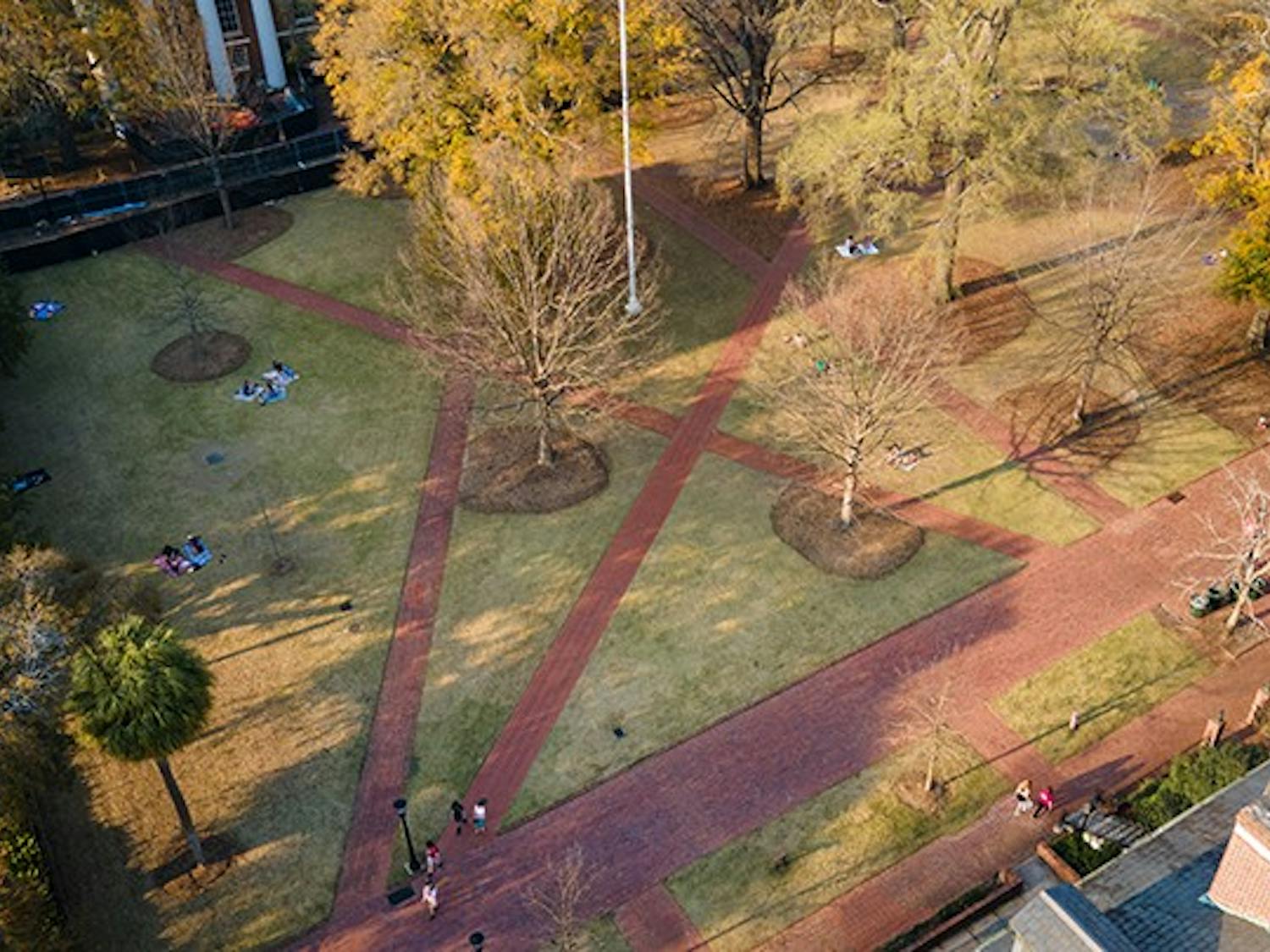 An aerial view of the Horseshoe located on the University of South Carolina's campus.