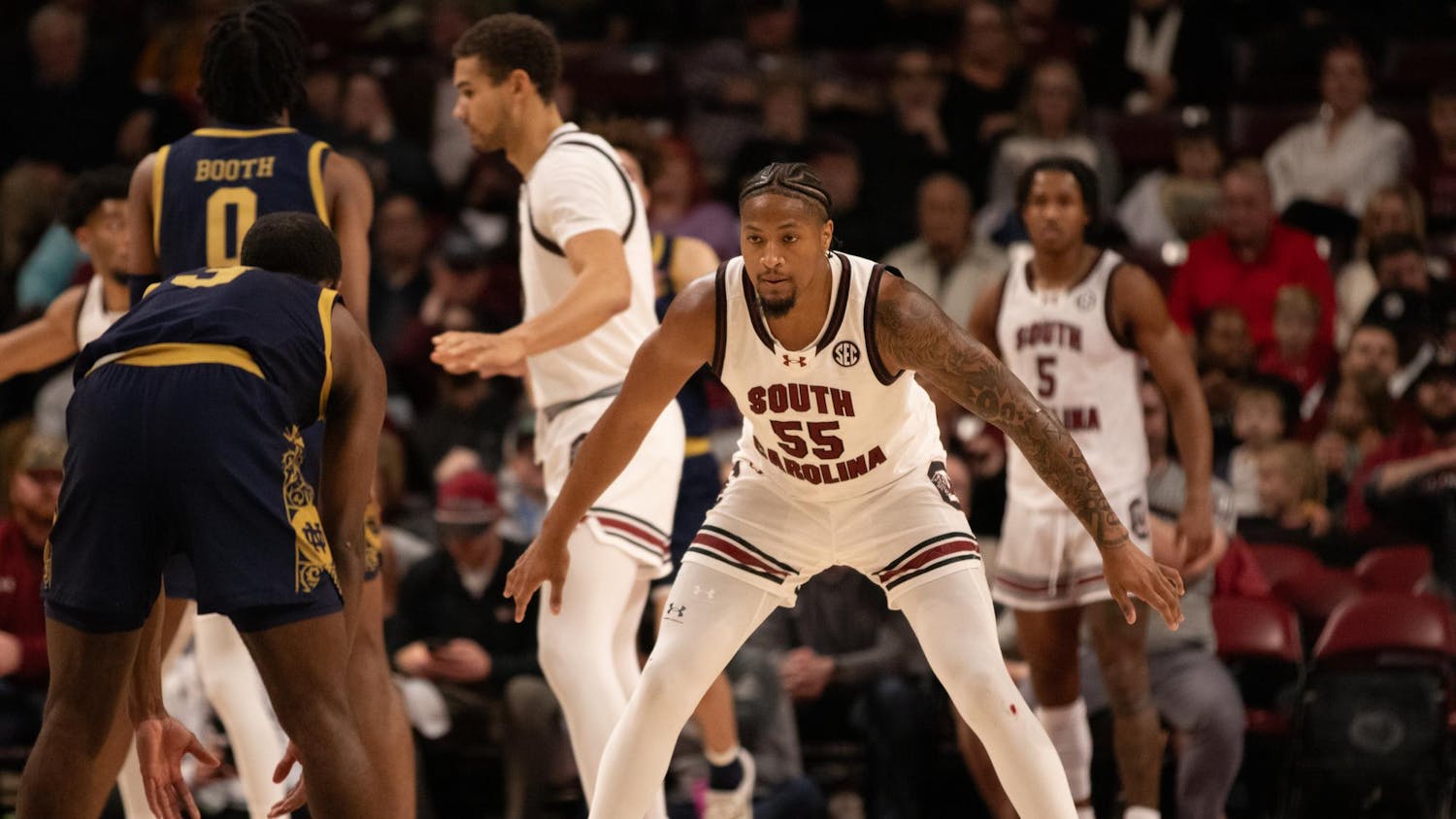 Gamecocks men's basketball continued its strong start Monday night with a 65-53 win against Notre Dame. For the first time since the 2016-17 season, South Carolina is undefeated through six games. Junior guard Meechie Johnson was the star of the game, scoring a career-high 29 points and carrying the Gamecocks to victory.