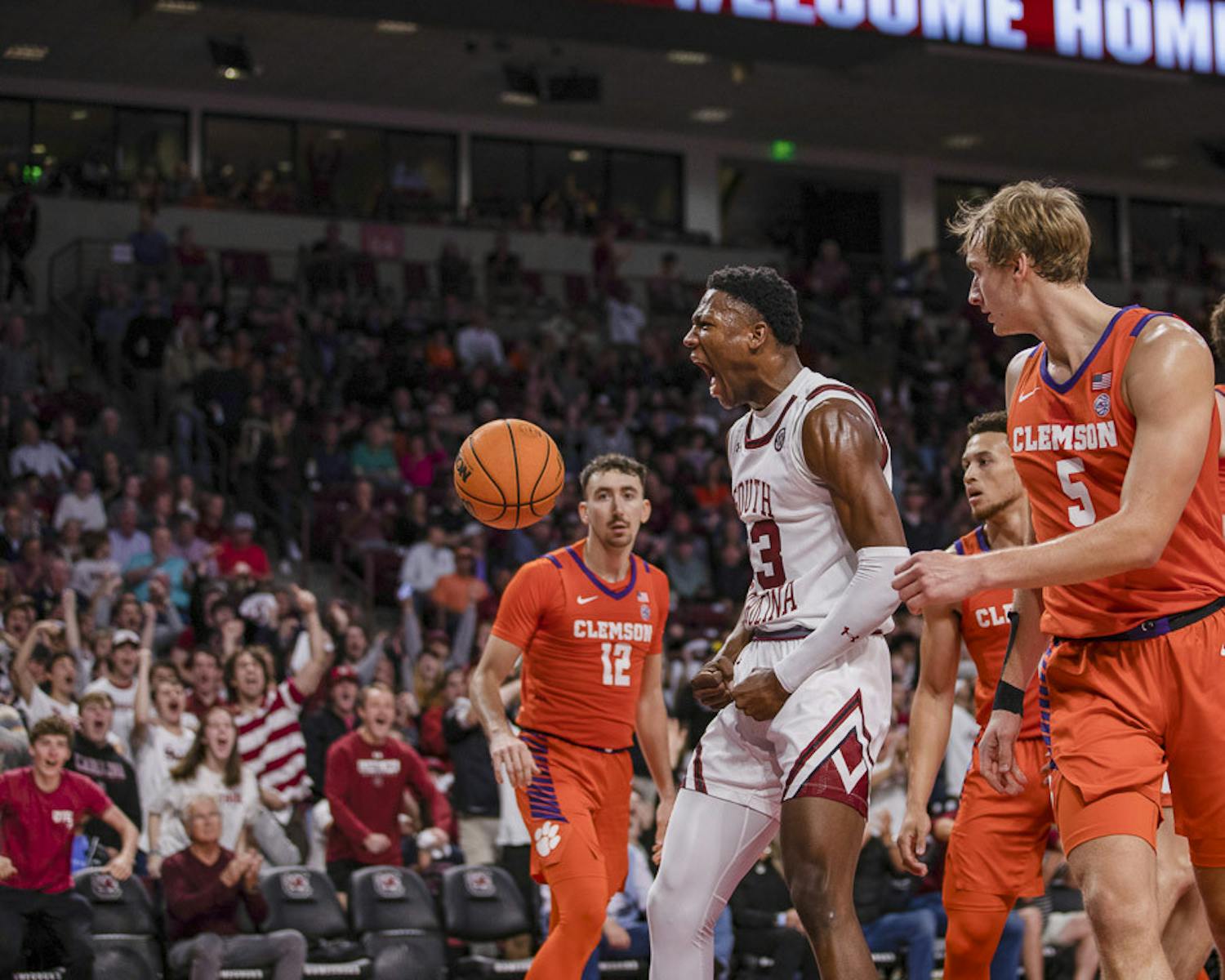 Freshman forward GG Jackson shouts in excitement after making a putback dunk in the match against Clemson at Colonial Life Arena on Nov. 11, 2023. The Gamecocks beat the Clemson Tigers 60-58.