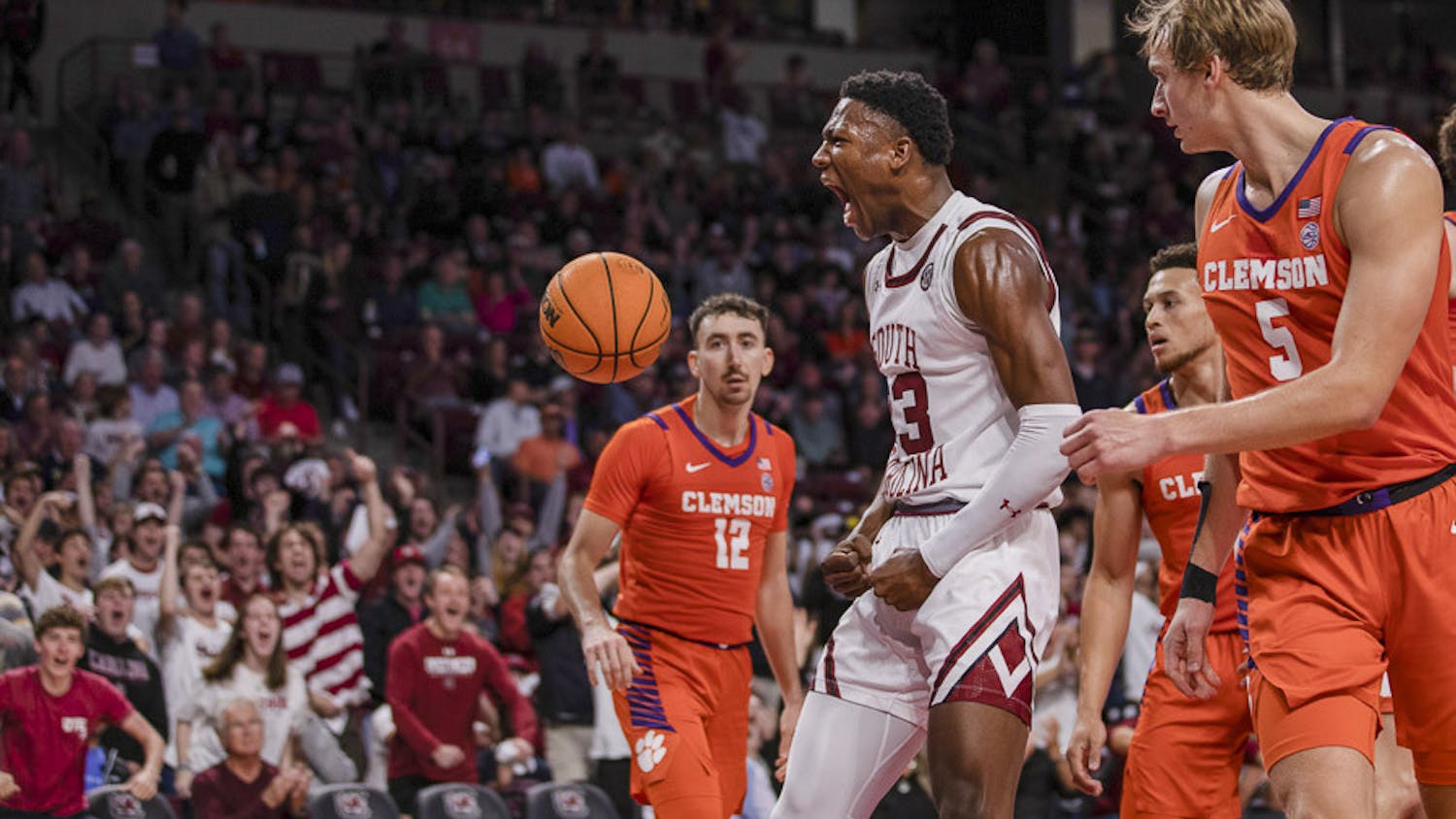 Freshman forward GG Jackson shouts in excitement after making a putback dunk in the match against Clemson at Colonial Life Arena on Nov. 11, 2023. The Gamecocks beat the Clemson Tigers 60-58.