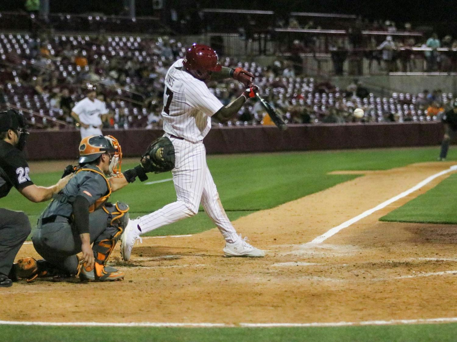 Senior outfielder Kennedy Jones bats during a game against Tennessee at Founders Park on March 28, 2025. In his junior year, Jones drove in three runs and homered in a win over Belmont on Feb. 25, 2024.