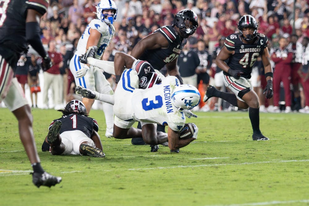 <p>Junior defensive back Jalon Kilgore delivers a big hit in the open field&nbsp;against University of Kentucky at Williams-Brice Stadium on Sept. 27, 2025. The Gamecocks’ defense finished with 62 total tackles against the Wildcats.&nbsp;</p>