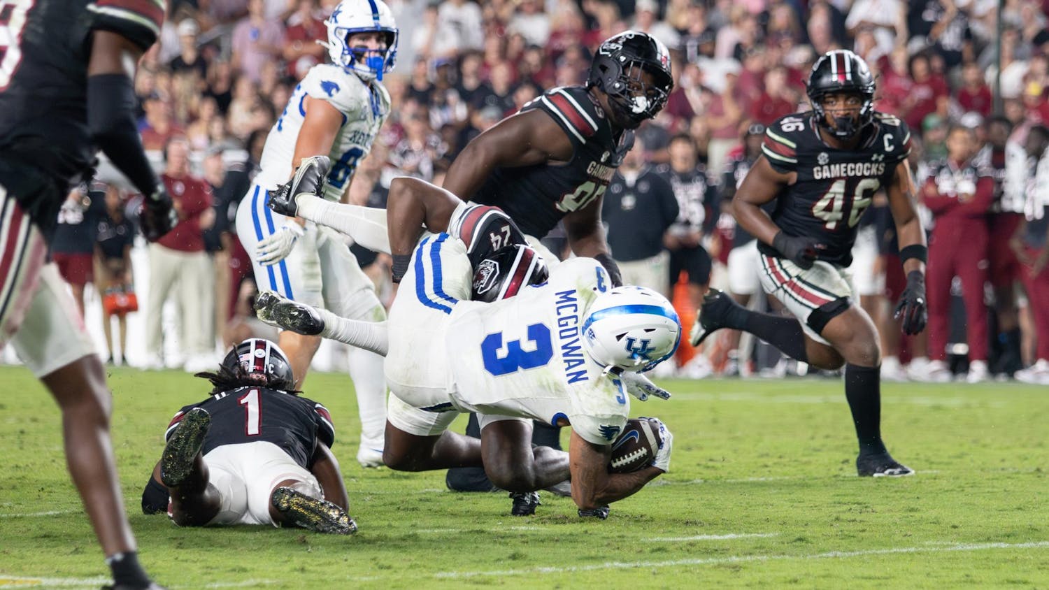 Junior defensive back Jalon Kilgore delivers a big hit in the open field against University of Kentucky at Williams-Brice Stadium on Sept. 27, 2025. The Gamecocks’ defense finished with 62 total tackles against the Wildcats. 