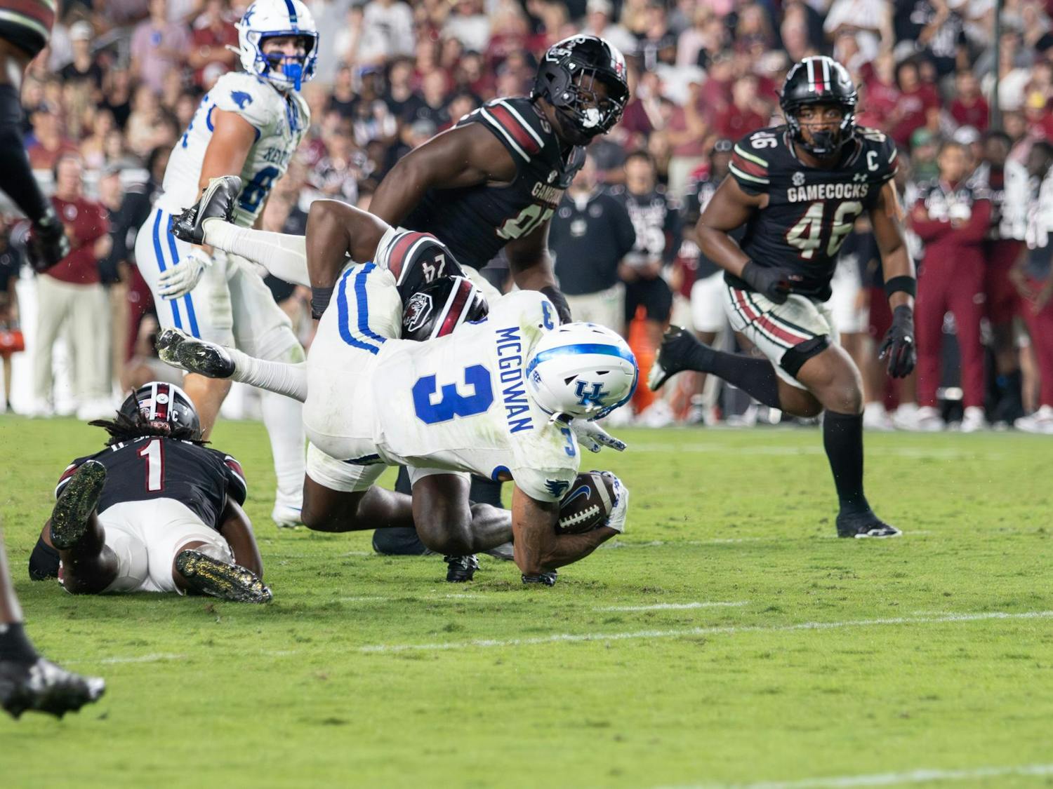 Junior defensive back Jalon Kilgore delivers a big hit in the open field against University of Kentucky at Williams-Brice Stadium on Sept. 27, 2025. The Gamecocks’ defense finished with 62 total tackles against the Wildcats. 