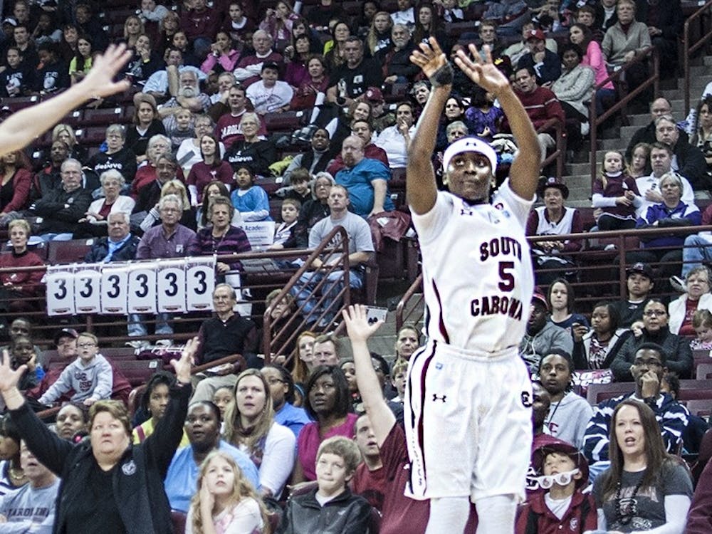 Freshman guard Khadijah Sessions (5) made five free throws in the final 90 seconds of USC’s  game against Auburn on Sunday to help propel the Gamecocks to a 59-51 victory.