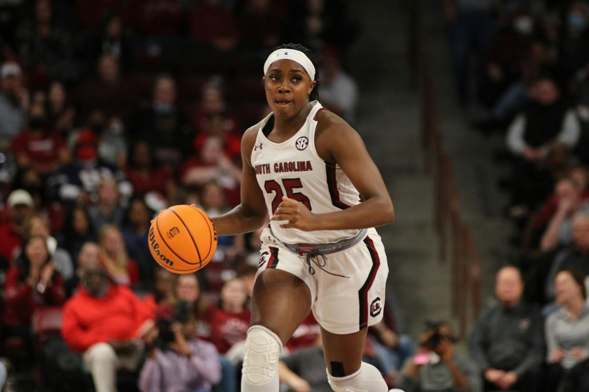 Redshirt freshman guard Raven Johnson brings the ball downcourt on Jan. 22, 2023. The Gamecocks defeated Arkansas 92-46.&nbsp;