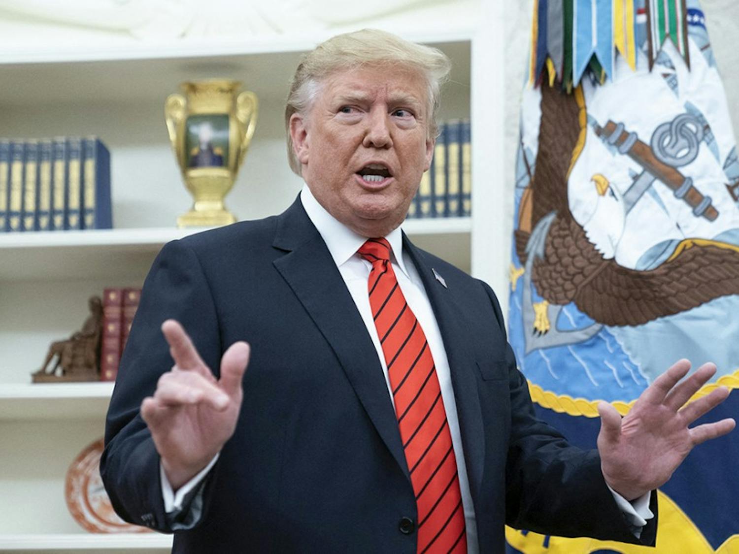 United States President Donald J. Trump speaks to the media after participating in the Ceremonial Swearing-In of Gene Scalia as the Secretary of Labor at the White House, Sept. 30, 2019 in Washington, D.C. (Chris Kleponis/Pool/Abaca Press/TNS)
