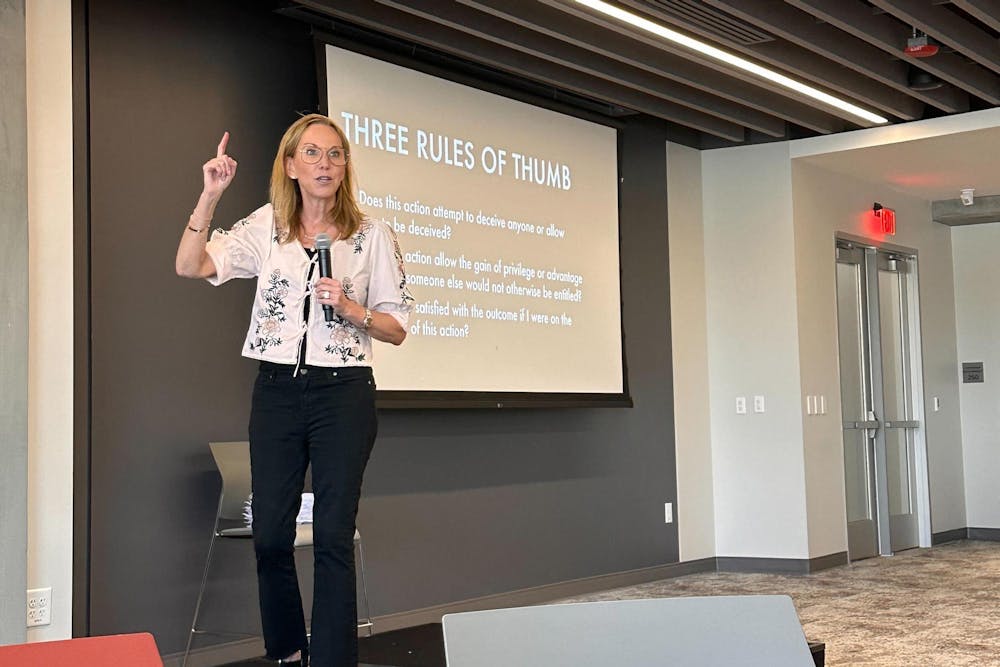 <p>Lori Hart speaks to USC student leaders about strong leadership at the first hazing prevention summit on March 22, 2026. She holds a doctorate in educational policy studies.</p>