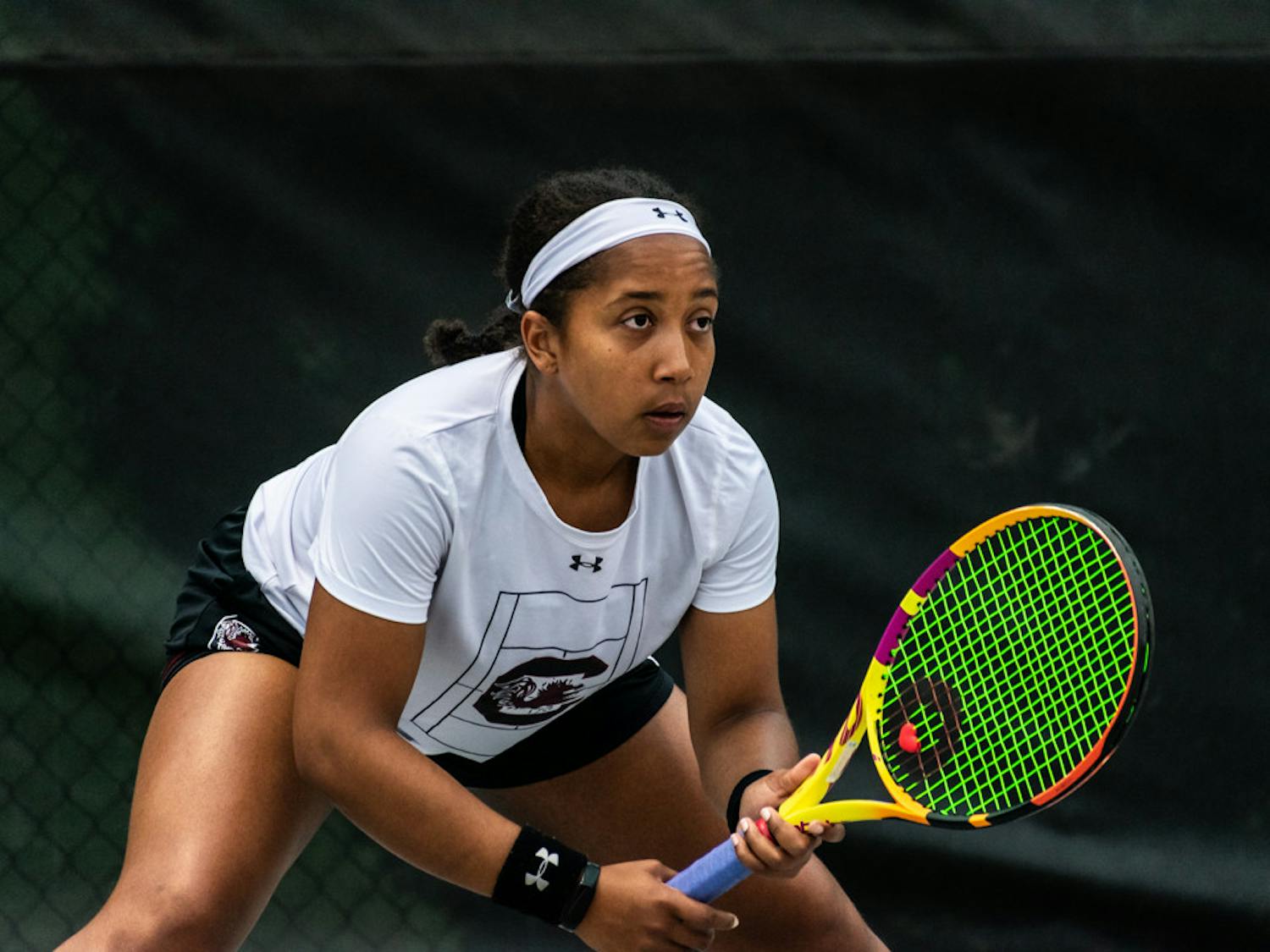 Senior Ayana Akli prepares to hit the ball during the match against Kentucky on March 17, 2023. Akli was named Big Ten Freshman of the Year in 2020 during her time at Maryland and now sits at No. 7 in the ITA women's singles rankings.
