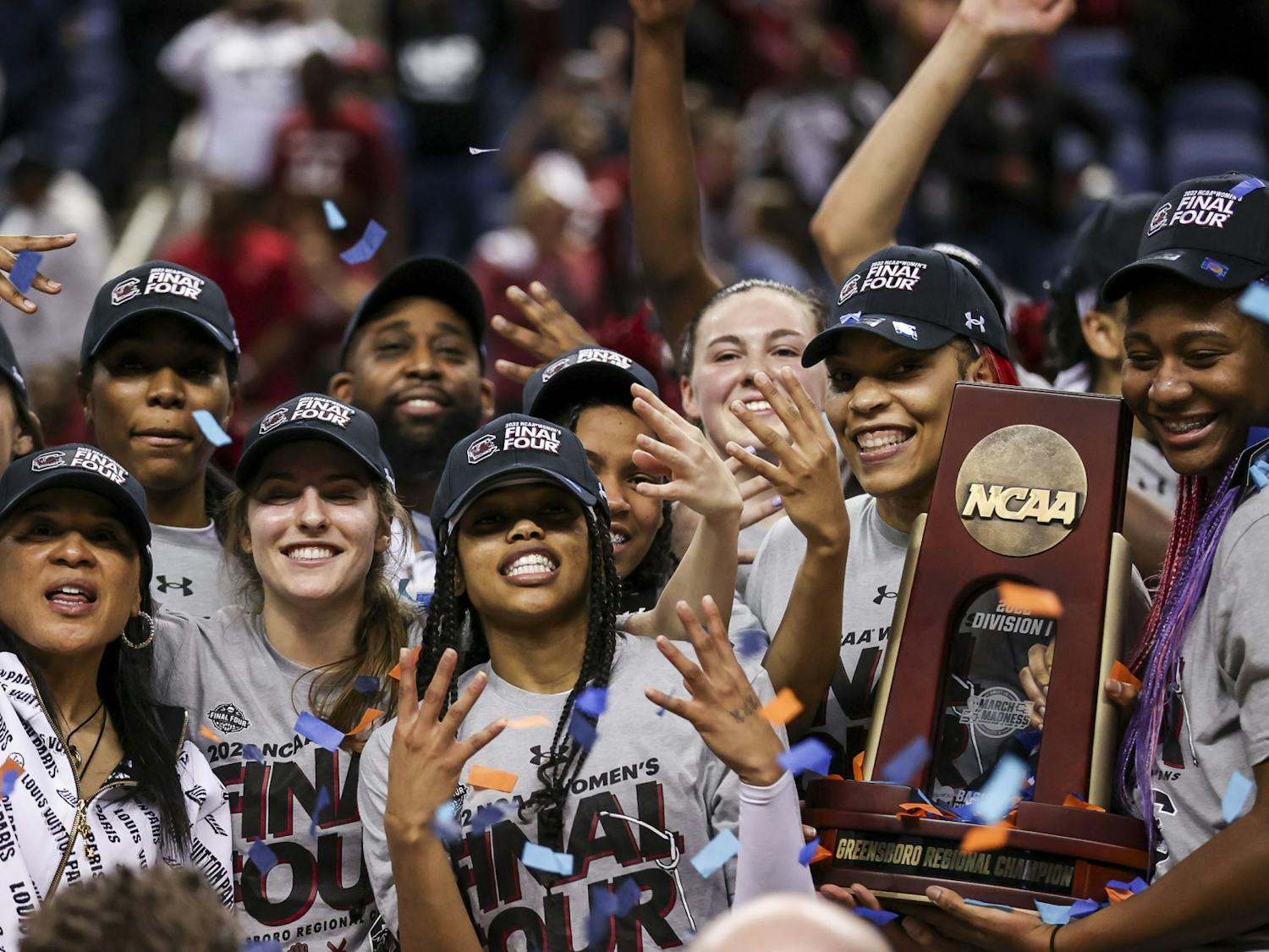The South Carolina women's basketball team celebrates after the Gamecocks' 80-50 victory over Creighton in the Elite Eight on Sunday, March 27, 2022. The win propelled South Carolina to the Final Four.&nbsp;