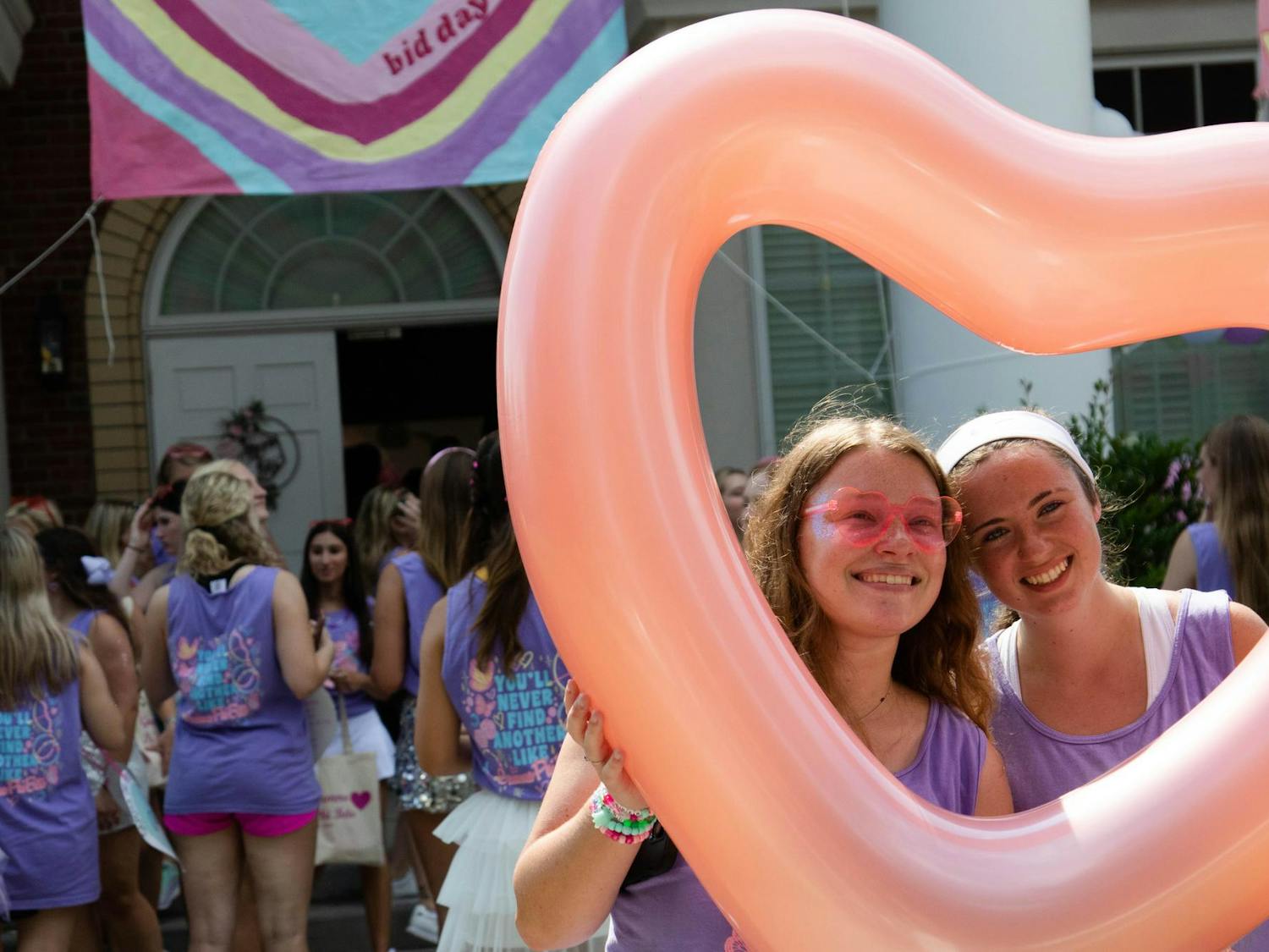 Members of Gamma Phi Beta celebrate Bid Day at their house in Greek Village. On Bid Day, students who went through sorority recruitment receive an invitation to join a chapter on campus.