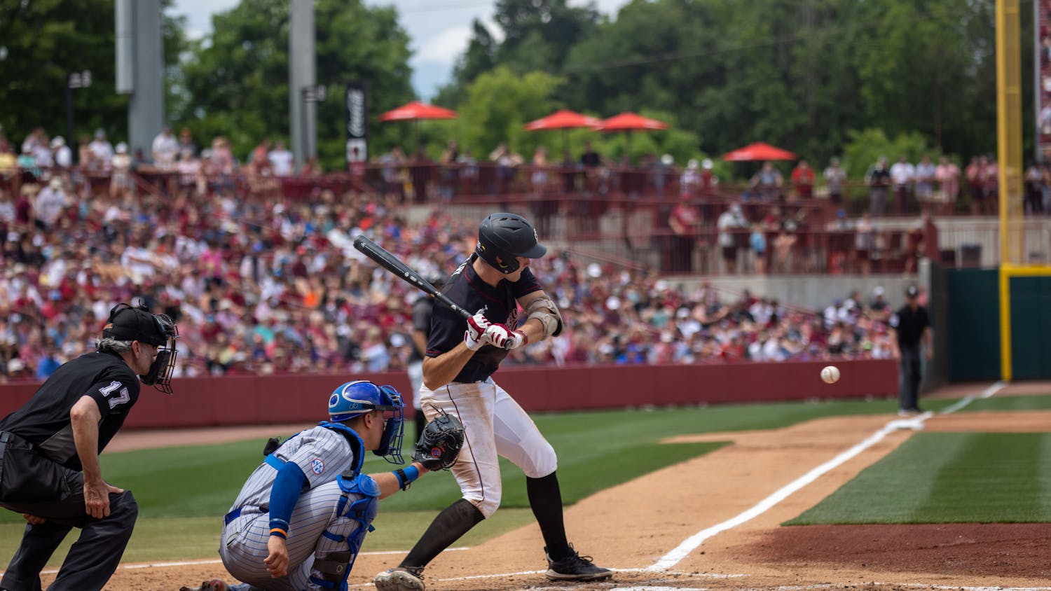 Freshman outfielder Ethan Petry prepares to swing at a pitch against Florida at Founders Park on April 22, 2023. The Gamecocks swept the Gators, winning the final game 7-5.