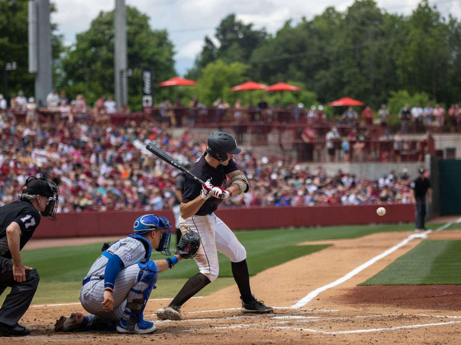 Freshman outfielder Ethan Petry prepares to swing at a pitch against Florida at Founders Park on April 22, 2023. The Gamecocks swept the Gators, winning the final game 7-5.
