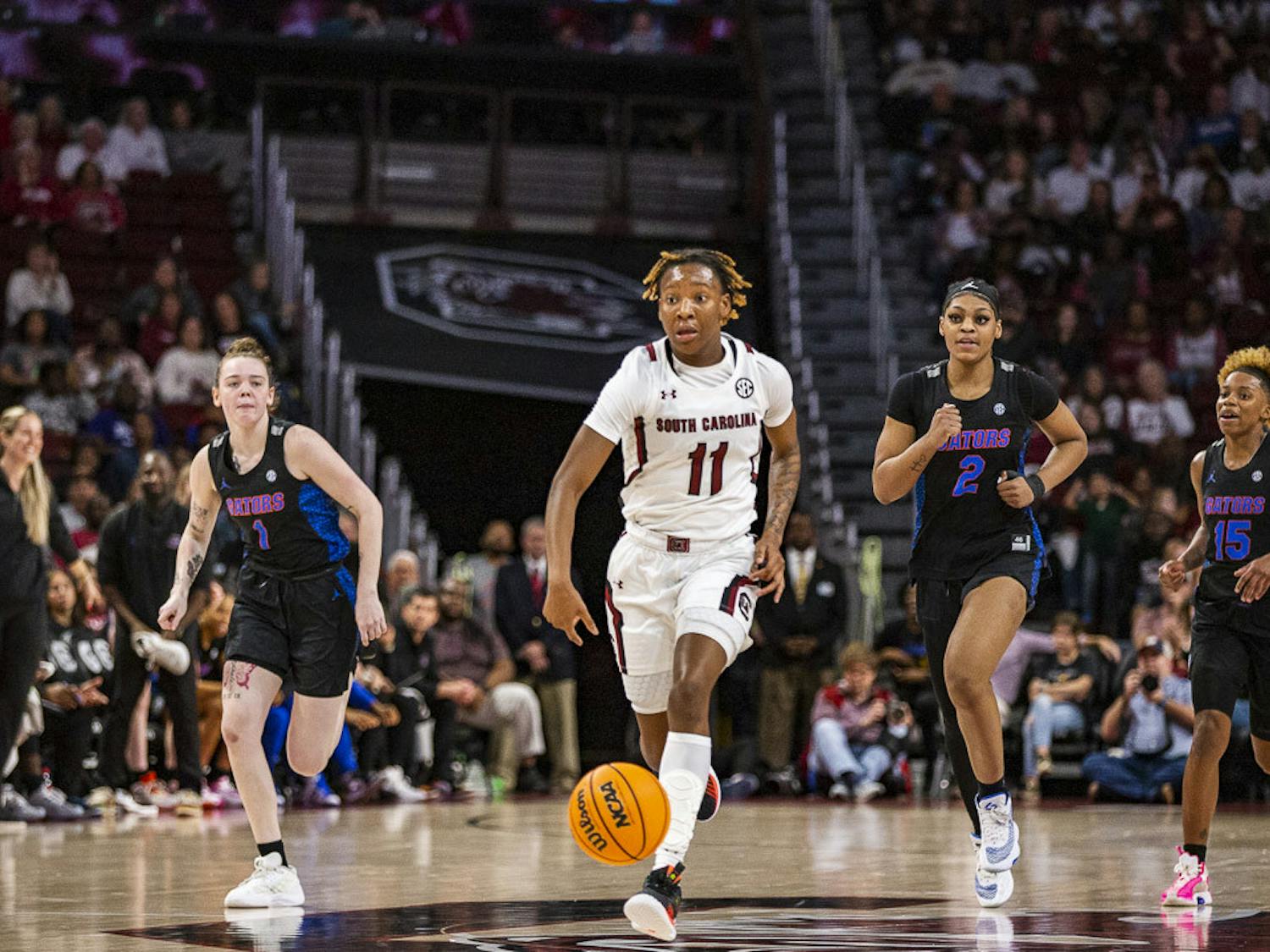 Freshman guard Talaysia Cooper runs the ball down the court during the matchup between South Carolina and Florida at Colonial Life Arena on Feb. 16, 2023. The Gamecocks beat the Gators 87-56.