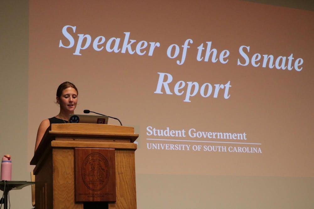 <p>FILE - Senate Speaker Kiki D’Apolito addresses the student senate on April 22, 2026 in the Russell House Theater.</p>