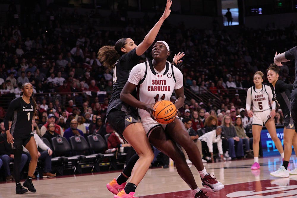 <p>Senior center Madina Okot goes up for a layup during the Gamecocks’ matchup with Vanderbilt at Colonial Life Arena on Jan. 25, 2026. She takes the shot while a defender reaches in to stop her.</p>