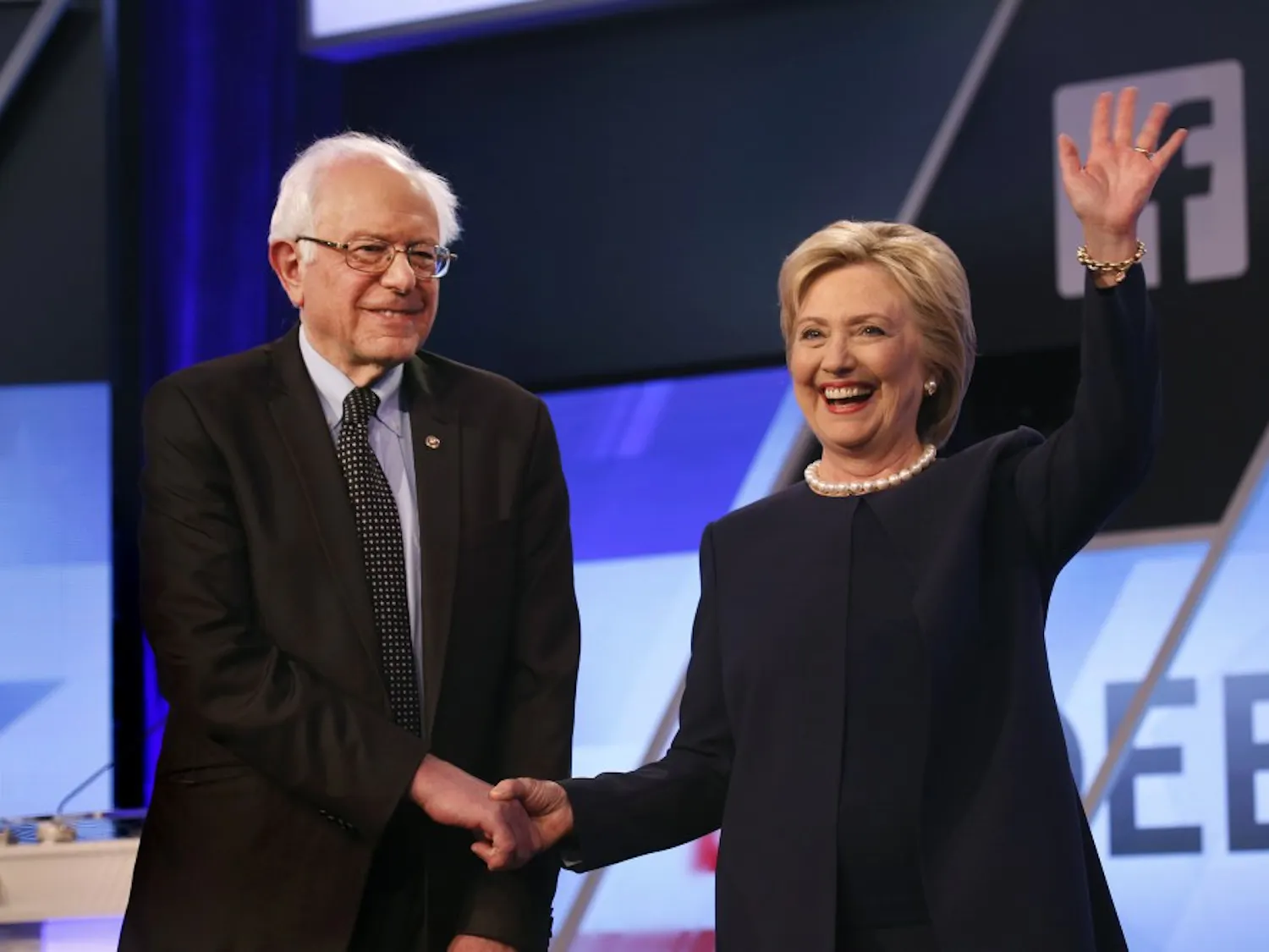 Hillary Clinton and Bernie Sanders face off in a debate moderated by Univision and the Washington Post at Miami-Dade College Kendall Campus on Wednesday, March 9, 2016, in Miami. (Carolyn Cole/Los Angeles Times/TNS)