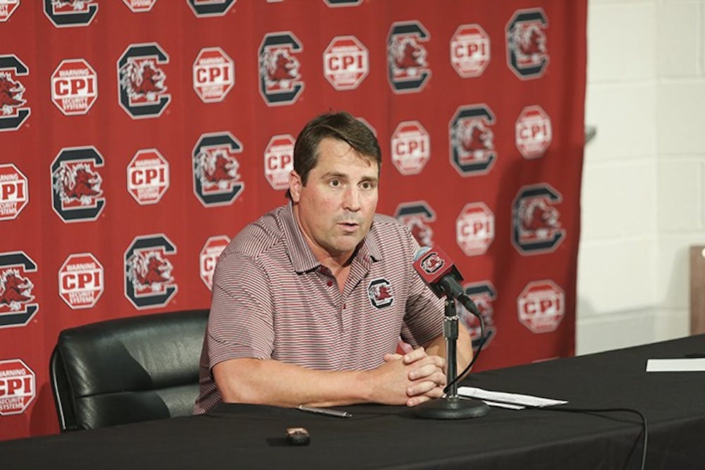Head football coach Will Muschamp talks to the media on Aug. 1, 2019 about the upcoming football season. 