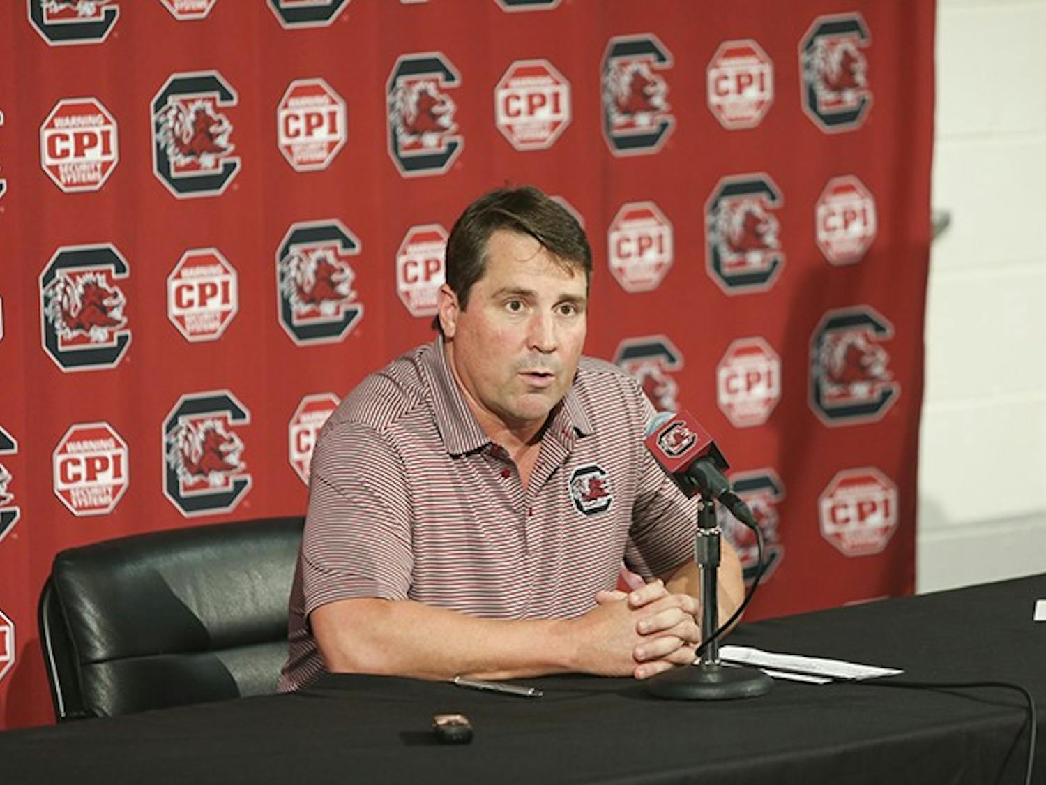 Head football coach Will Muschamp talks to the media on Aug. 1, 2019 about the upcoming football season.