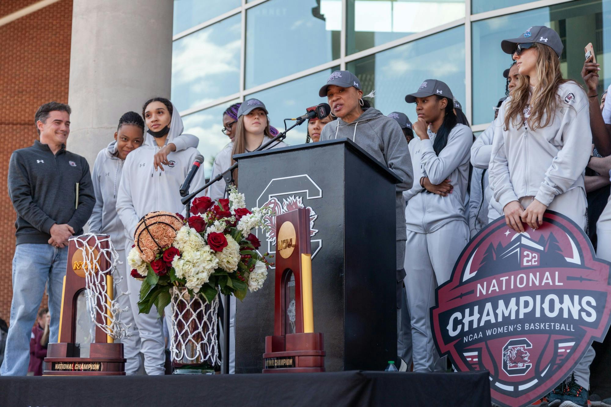 South Carolina women's basketball head coach Dawn Staley speaks to fans outside of Colonial Life Arena in Columbia, SC on April 4, 2022. Fans cheered as members of the team spoke.