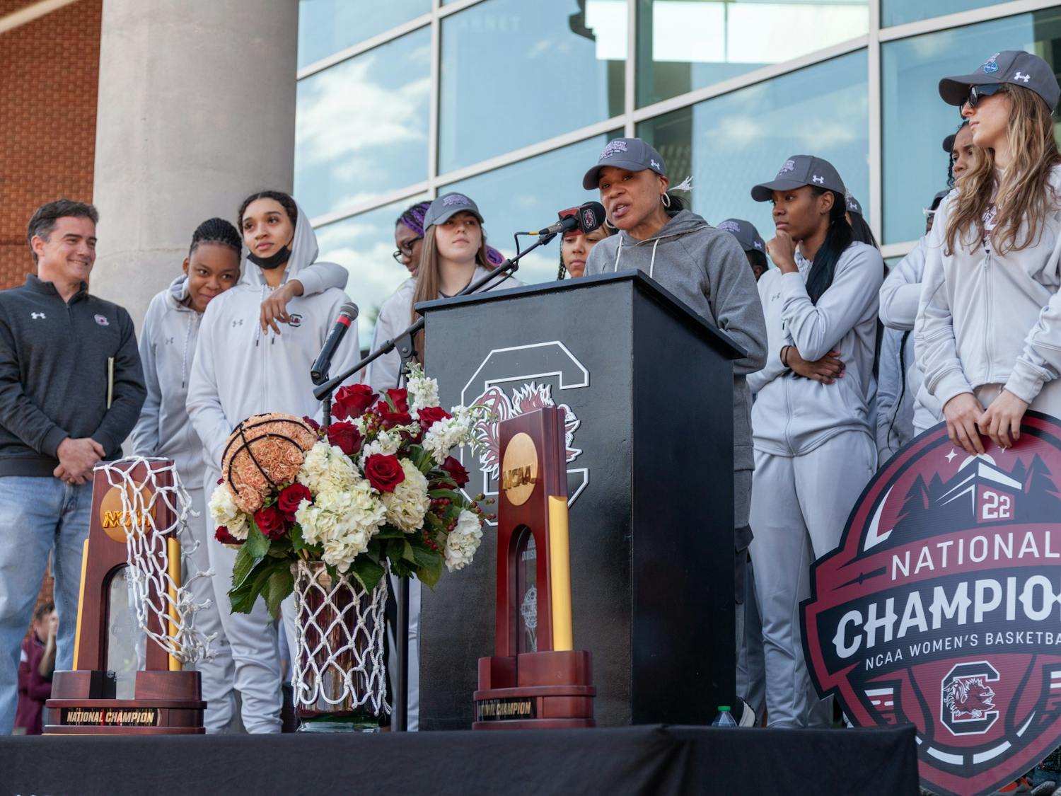 South Carolina women's basketball head coach Dawn Staley speaks to fans outside of Colonial Life Arena in Columbia, SC on April 4, 2022. Fans cheered as members of the team spoke.