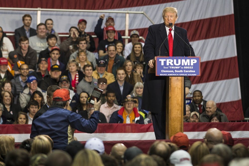 Presidential hopeful Donald J. Trump addresses economic concerns and answers audience questions at the T. Ed Garrison Arena in Clemson, South Carolina. Pictured: Jim Yates from Laurens, SC
