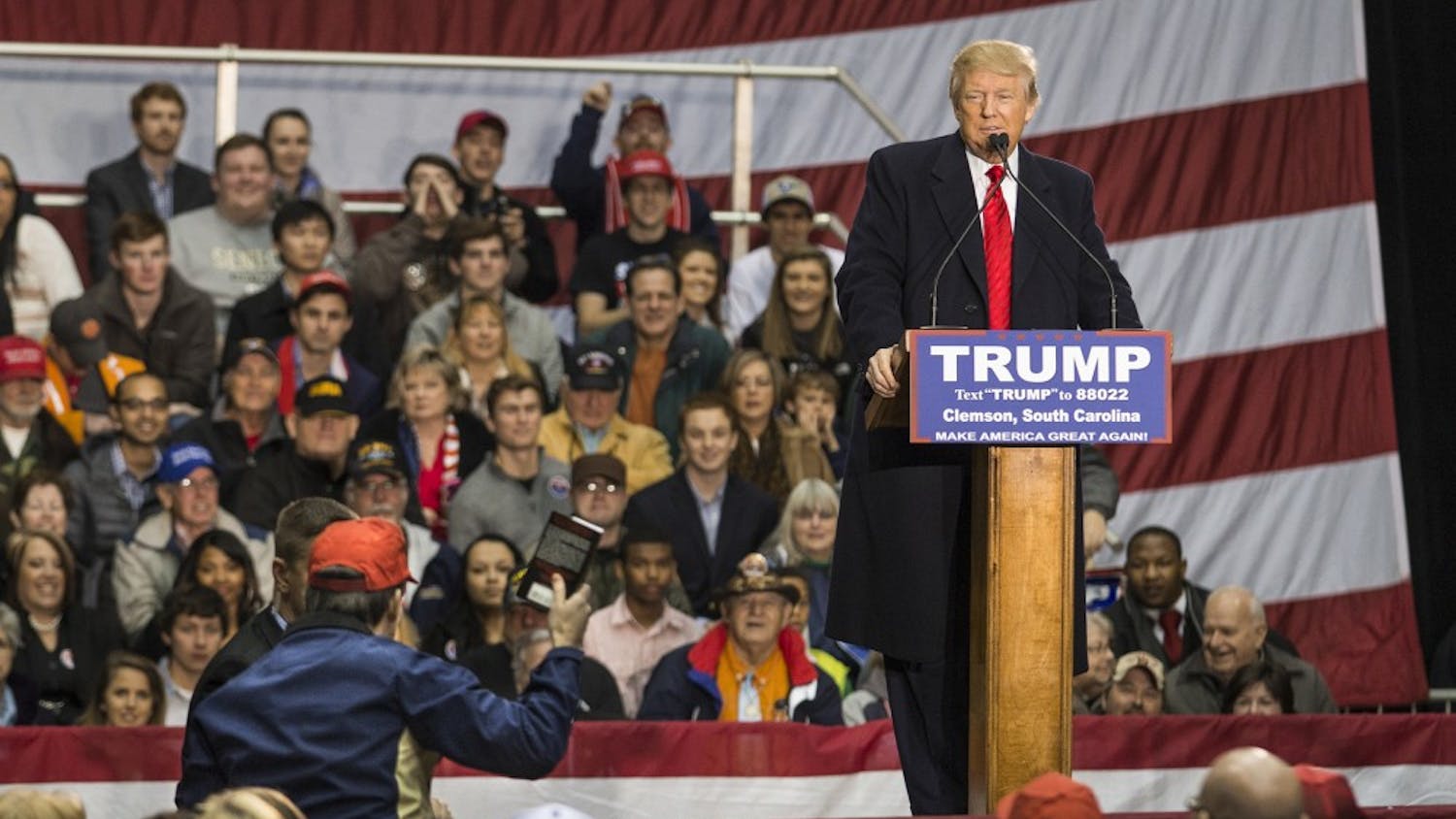 Presidential hopeful Donald J. Trump addresses economic concerns and answers audience questions at the T. Ed Garrison Arena in Clemson, South Carolina. Pictured: Jim Yates from Laurens, SC