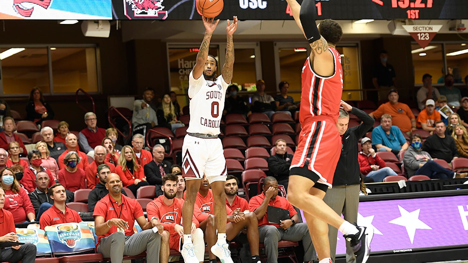 Graduate student guard James Reese V shoots the ball. The Gamecocks won over Western Kentucky 75-64 on Sunday, Nov. 14, 2021.