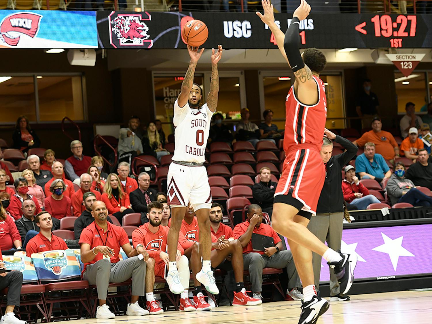 Graduate student guard James Reese V shoots the ball. The Gamecocks won over Western Kentucky 75-64 on Sunday, Nov. 14, 2021.
