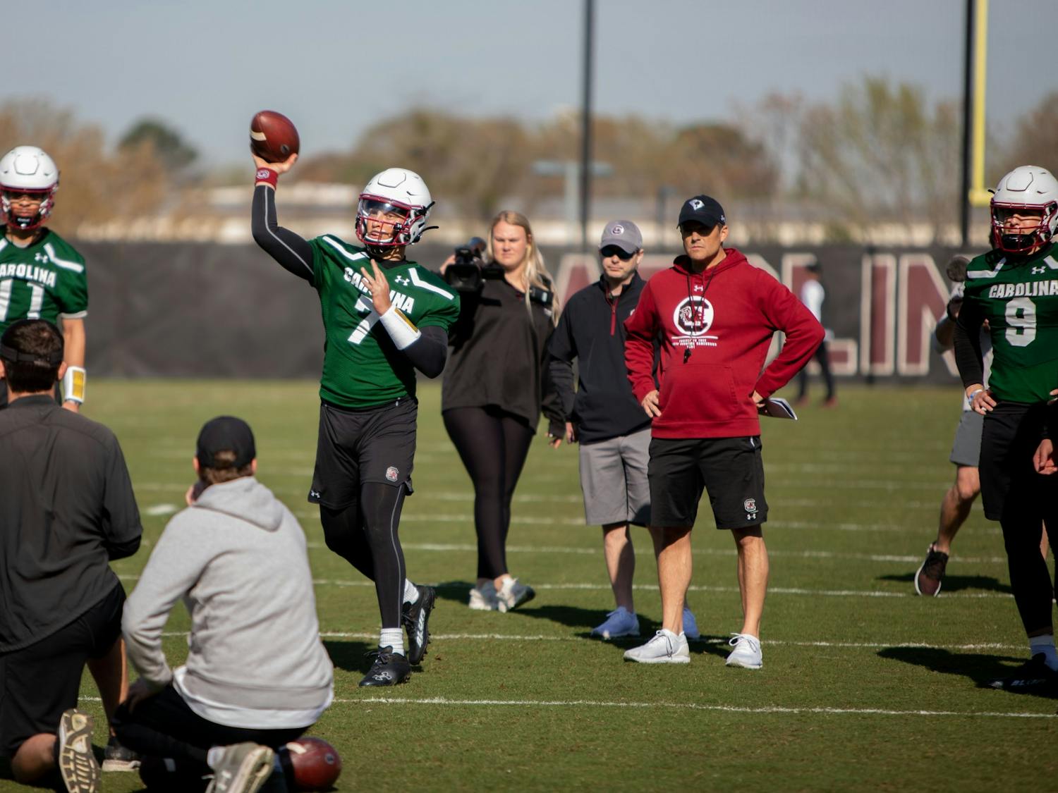 FILE— Redshirt junior quarterback Spencer Rattler throws a football during a spring practice on Tuesday, March 15, 2022.&nbsp;