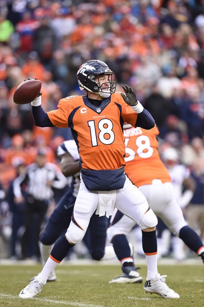 Broncos quarterback Peyton Manning throws during the fourth quarter of the AFC Championship game on Sunday, Jan. 24, 2016, at Sports Authority Field at Mile High in Denver. (Mark Reis/Colorado Springs Gazette/TNS)