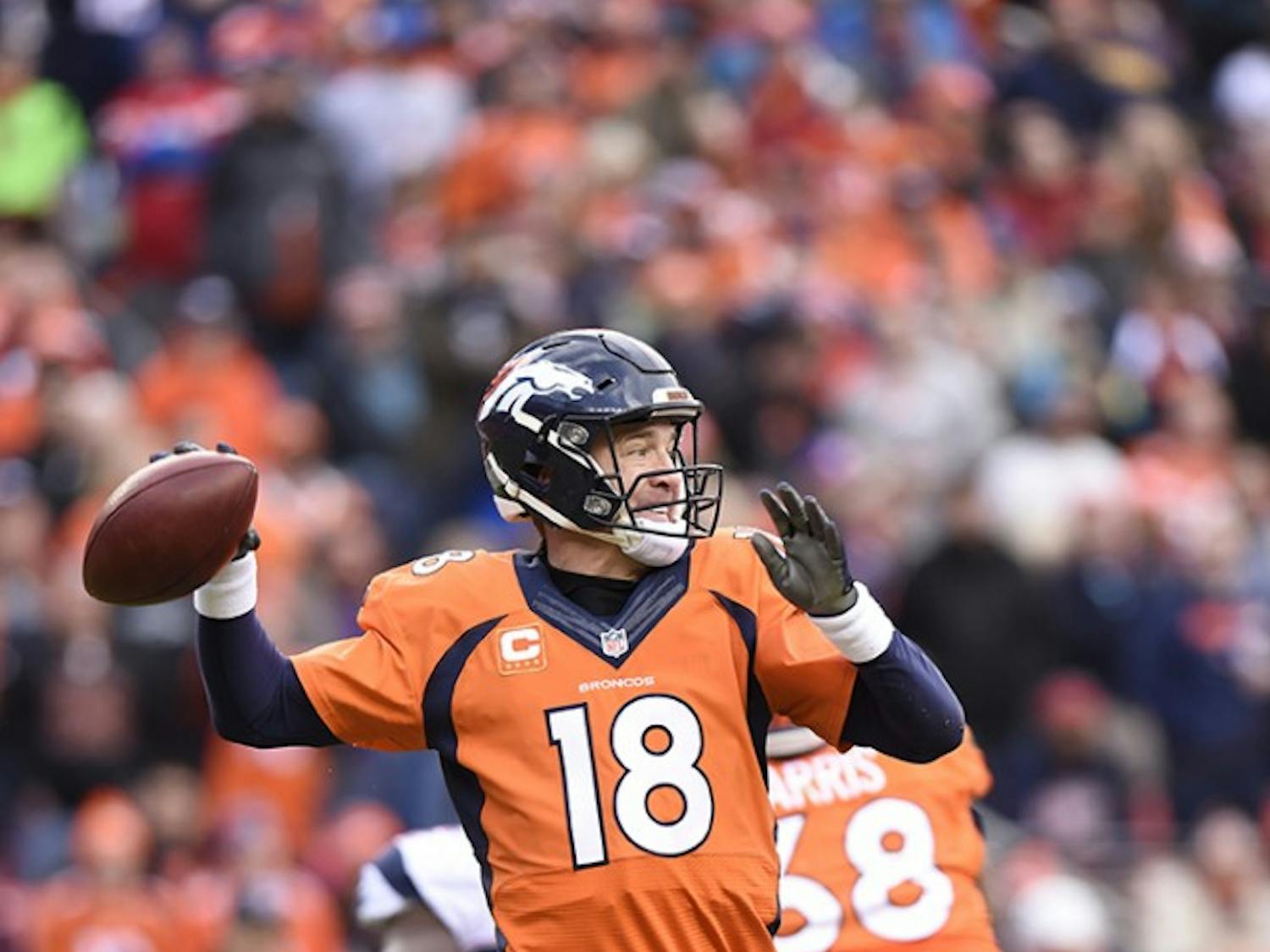 Broncos quarterback Peyton Manning throws during the fourth quarter of the AFC Championship game on Sunday, Jan. 24, 2016, at Sports Authority Field at Mile High in Denver. (Mark Reis/Colorado Springs Gazette/TNS)
