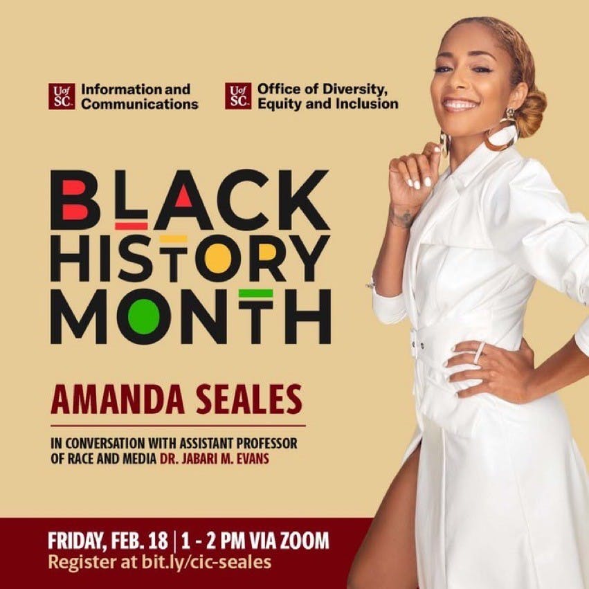 Promotional event flyer for the Black History Month conversation with Amanda Seales taking place via zoom on Friday, Feb. 18, 2022