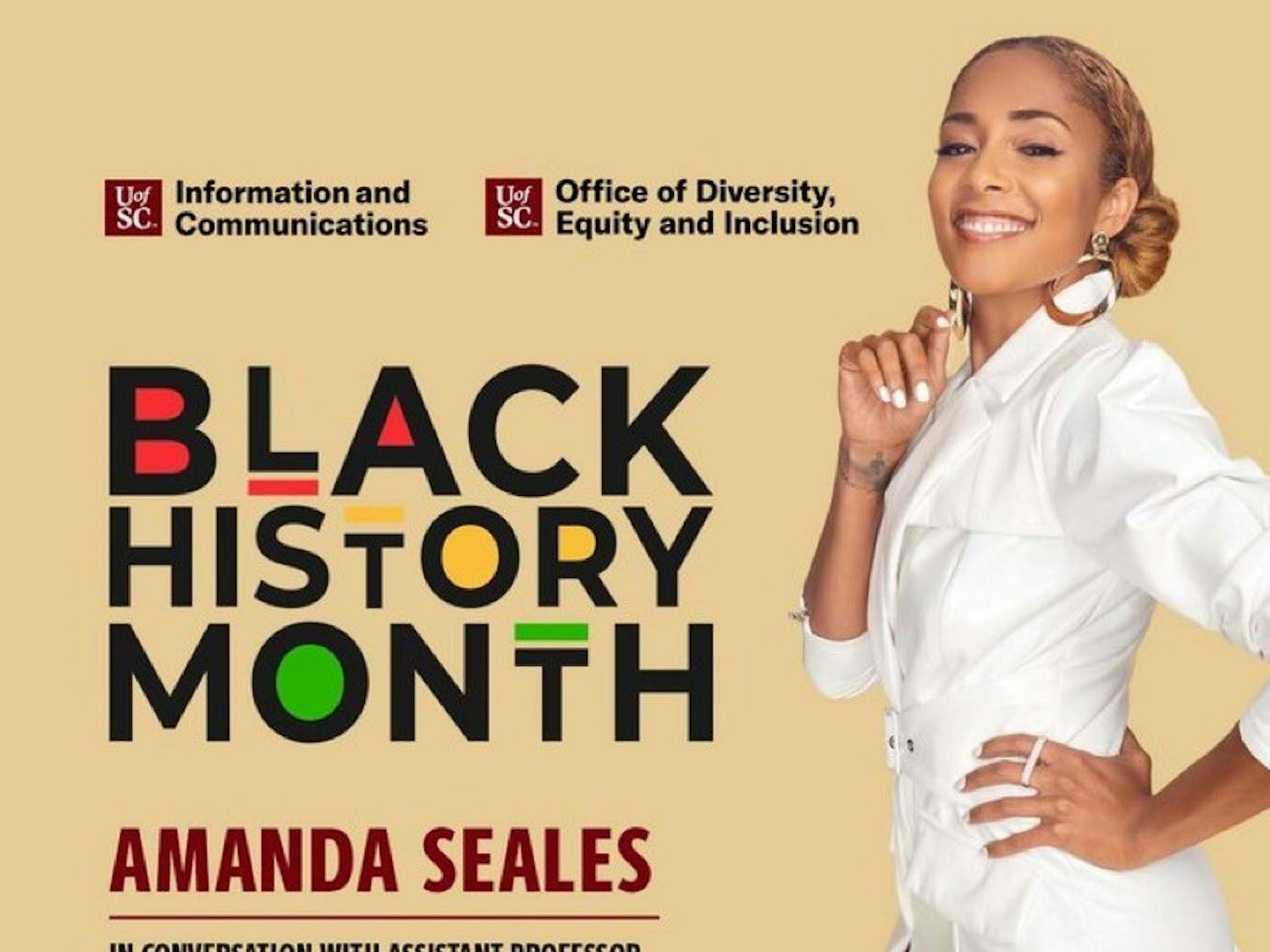 Promotional event flyer for the Black History Month conversation with Amanda Seales taking place via zoom on Friday, Feb. 18, 2022