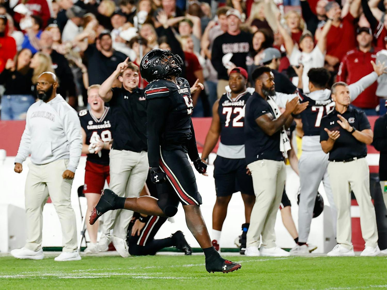 Senior defensive tackle Tonka Hemingway celebrates a fumble recovery during the fourth quarter against Kentucky on Nov. 18, 2023. The Wildcats had three turnovers in the game against the Gamecocks.