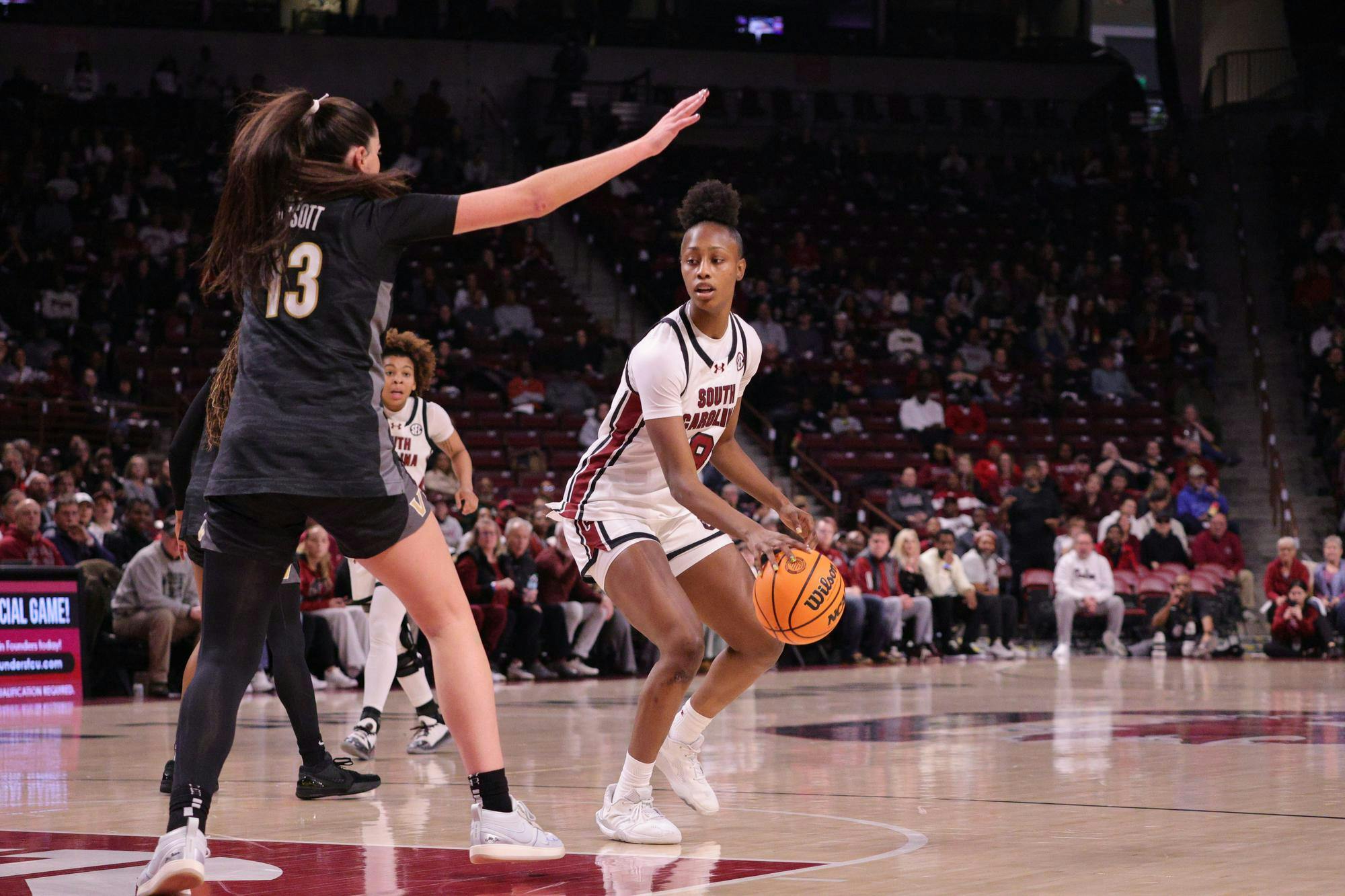 FILE — Sophomore forward Joyce Edwards holds the ball during the Gamecocks’ matchup with Vanderbilt at Colonial Life Arena on Jan. 25. She looks for an open teammate as a defender steps in front of her.