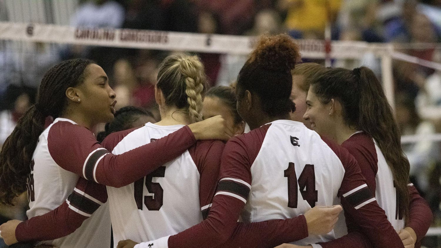 South Carolina women's volleyball players huddle before their game against LSU at the Carolina Volleyball Center on Nov. 12, 2023. The Tigers beat the Gamecocks 3-2.