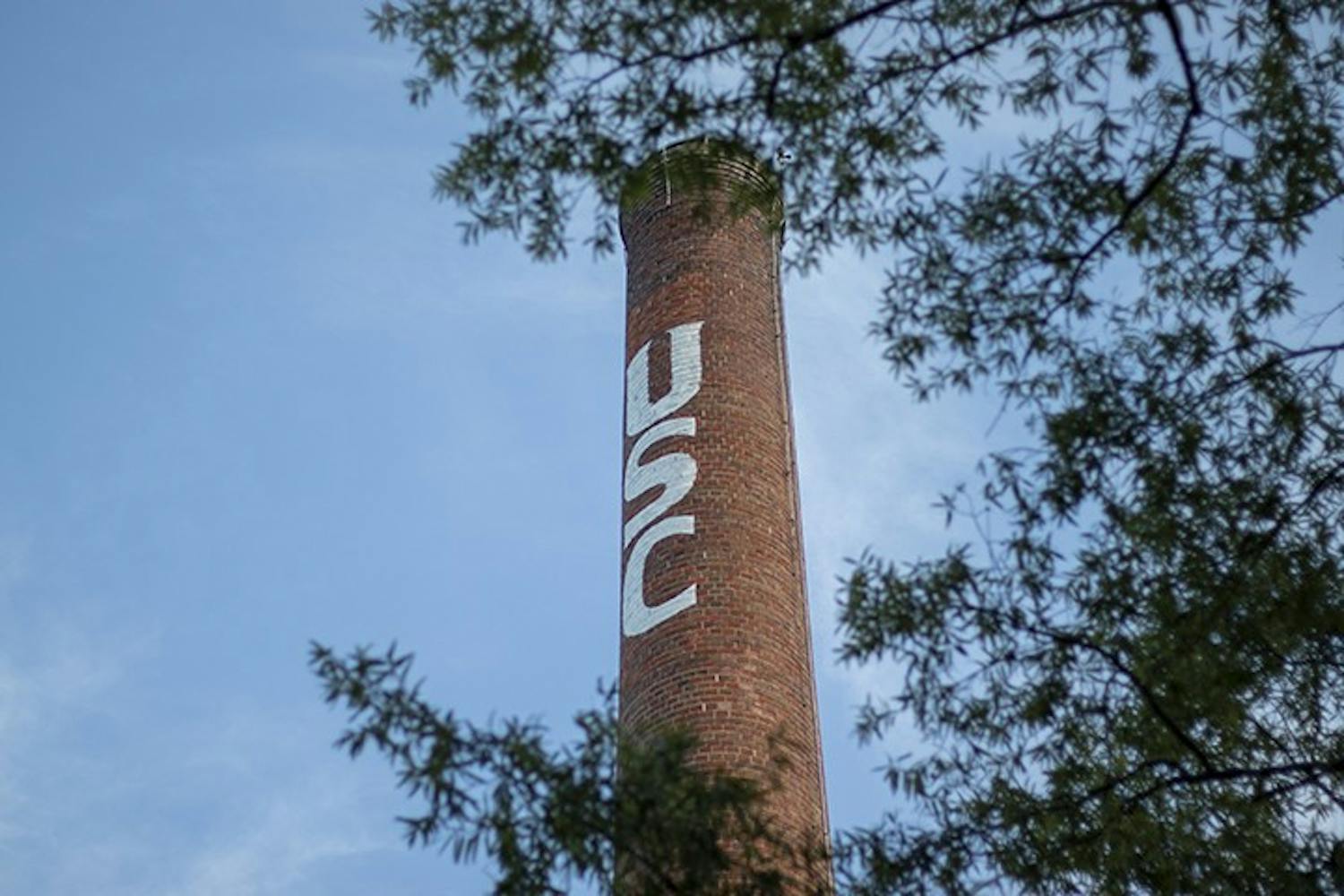 The USC smokestack located next to the Horseshoe is a notable landmark on the university’s campus.