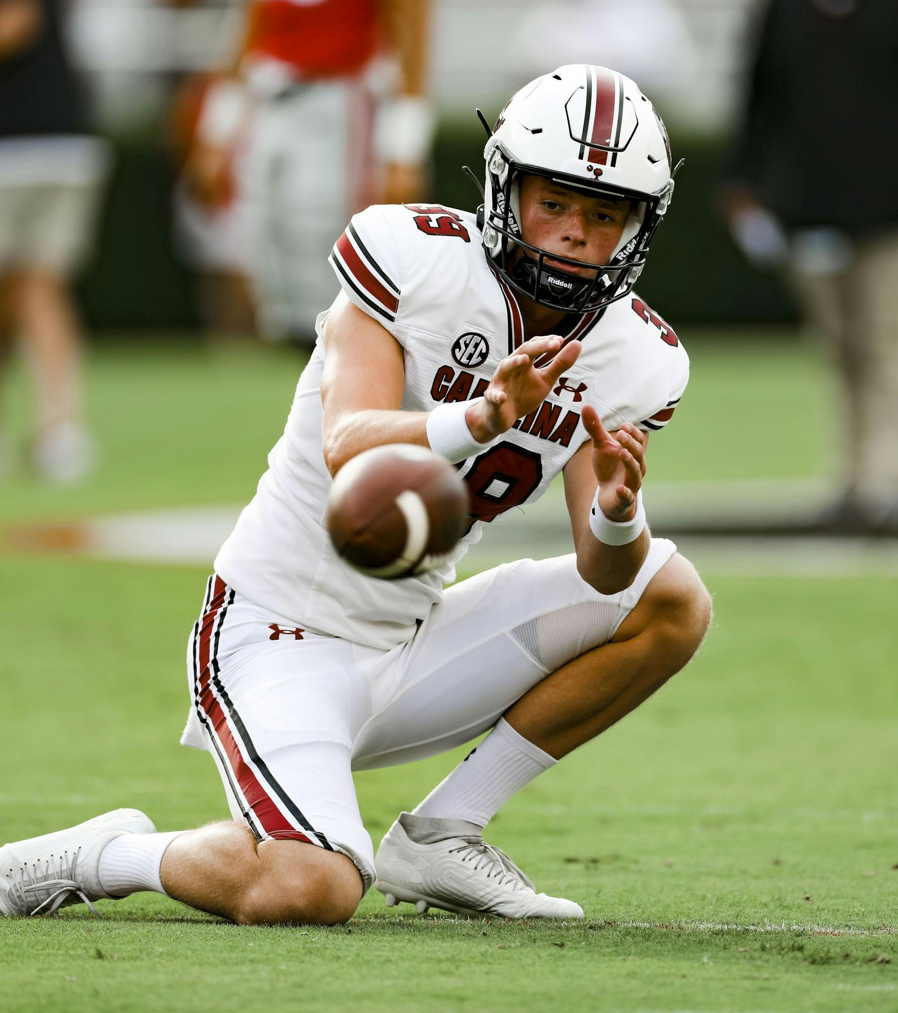Sophomore punter Kai Kroeger warms up before South Carolina's game against Georgia on Sept. 18, 2021.