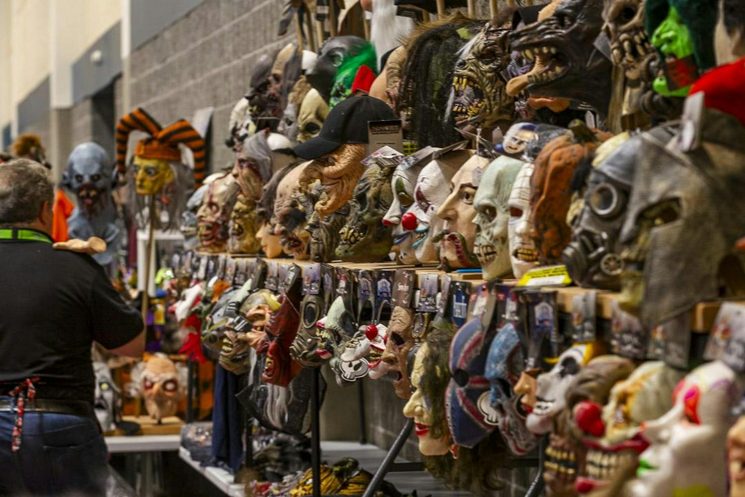 Halloween and horror masks line the wall of the South Carolina Horror Convention at the Columbia Metropolitan Convention Center on Sept. 16, 2023. This two-day event from Sept. 16-17, 2023, marks the first time a horror convention has taken place in the Palmetto State.