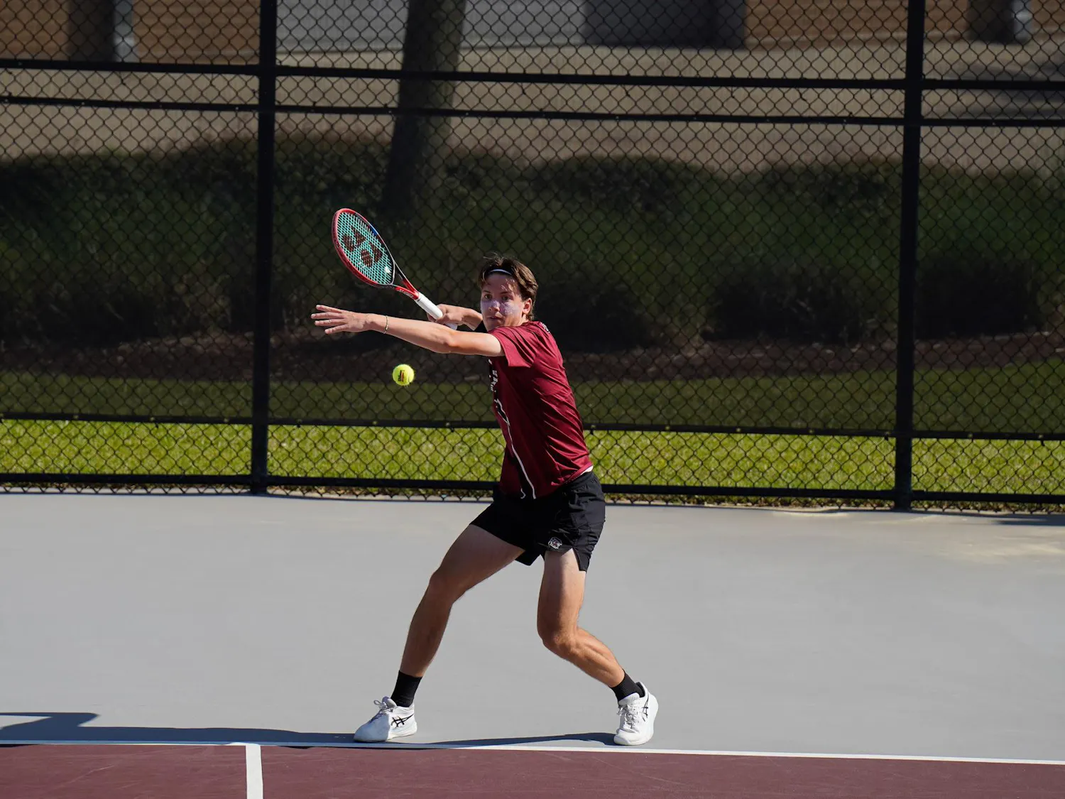 Sophomore Max Stenzer winds up to return a hit in his doubles matchup with junior Sean Daryabeigi against Vanderbilt at the Carolina Tennis Center on Apr. 4, 2026. The Gamecocks won the matchup 4-1.