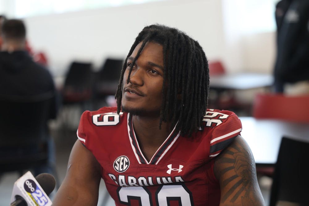 <p>FILE — Senior edge rusher Caleb Herring talks to the media at the Jerri and Steve Spurrier Indoor Practice Facility on Feb. 25, 2026. Herring transfered to South Carolina after three years with Tennessee.</p>